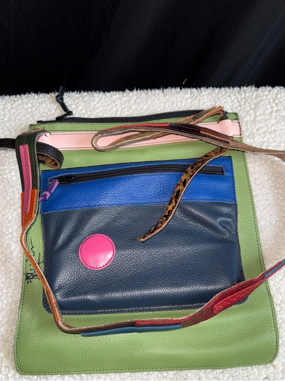 Multicolor Leather Crossbody Bag with Green, Navy & Pink Accents